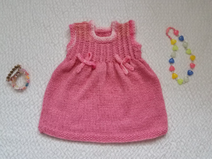 Hand knit (12-18 months) Baby Girl Pink Sleeveless Dress with Bows