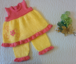 Hand Knit Baby Girl 2-piece Yellow and Pink Tunic and Legging set with Embroidery