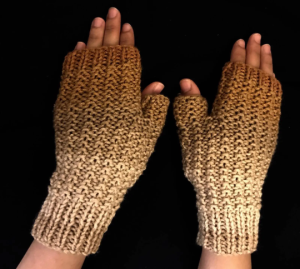 Hand knit unisex brown and beige fingerless mittens