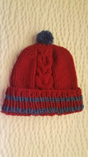 Hand Knit Toddler Boy Red and Blue Beanie with Pom Pom