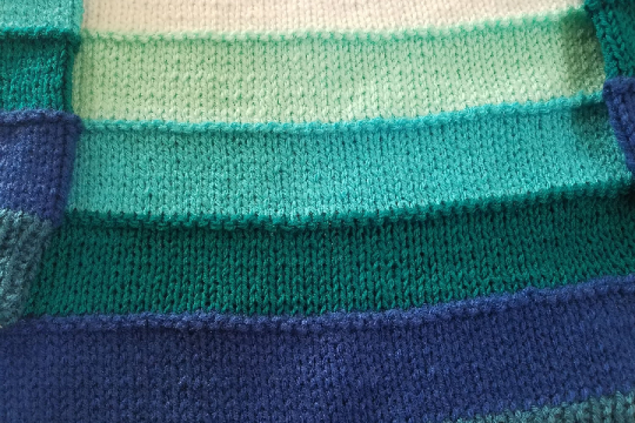 Hand Knit Boys Teal, Green, Blue and Off-White, Striped Sweater with Shoulder Buttons